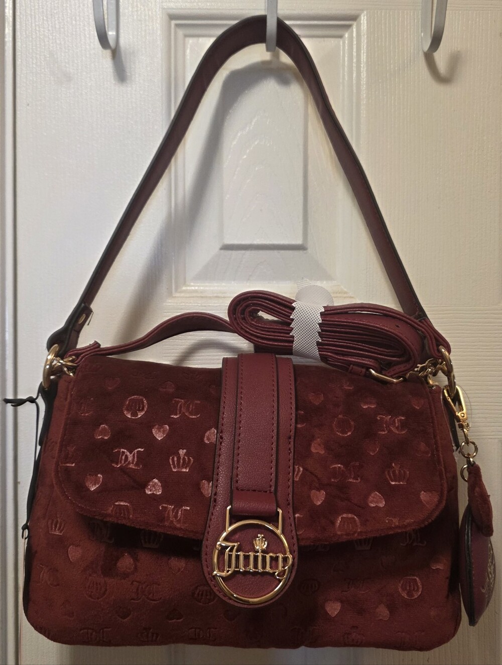 Juicy Couture Deep Red Suede Shoulder Bag with Gold Hardware.